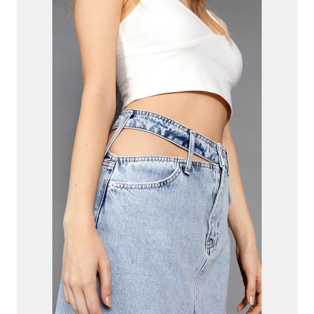 Nasty Gal Denim Maxi Skirt High Waist Side Slit Cut Out Pocket Size 10 - Picture 2 of 13